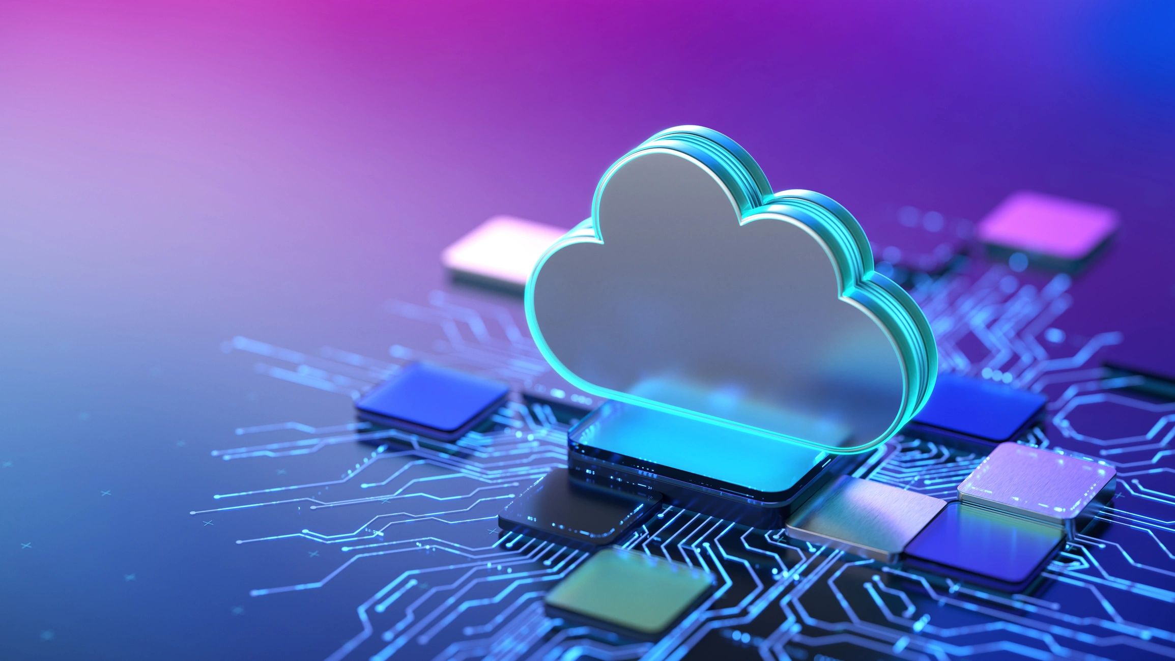 Cloud infrastructure rendered as a glowing node on a circuit board
